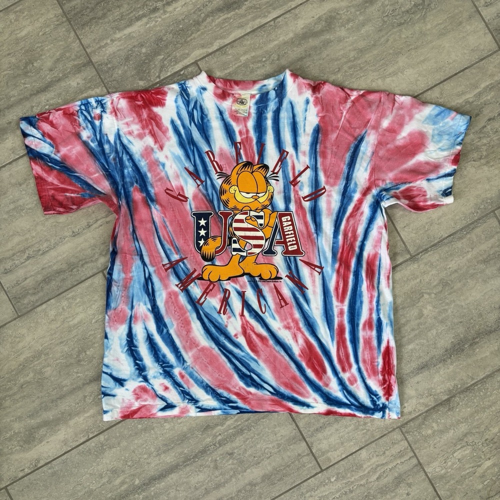 Vtg 1978 Garfield USA Americana Tie Dye T-Shirt One Size Fits All Made In USA